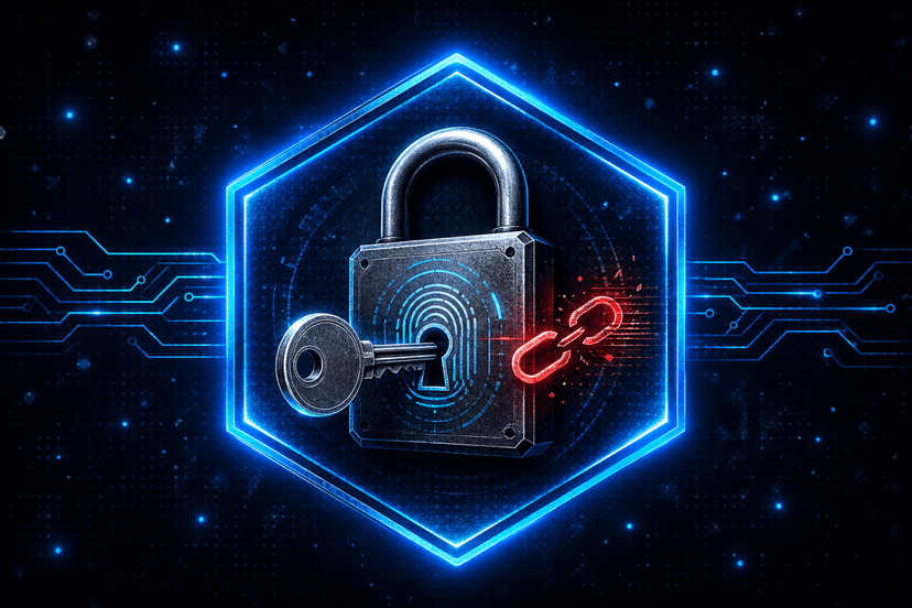 Account compromise padlock with key and broken-link indicator in a glowing hexagon