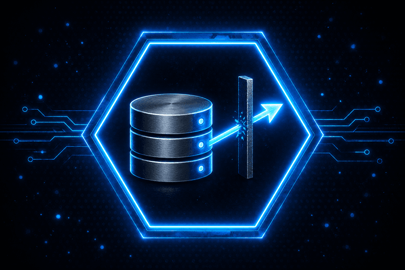 Data exfiltration database with an outbound arrow blocked by a barrier in a glowing hexagon