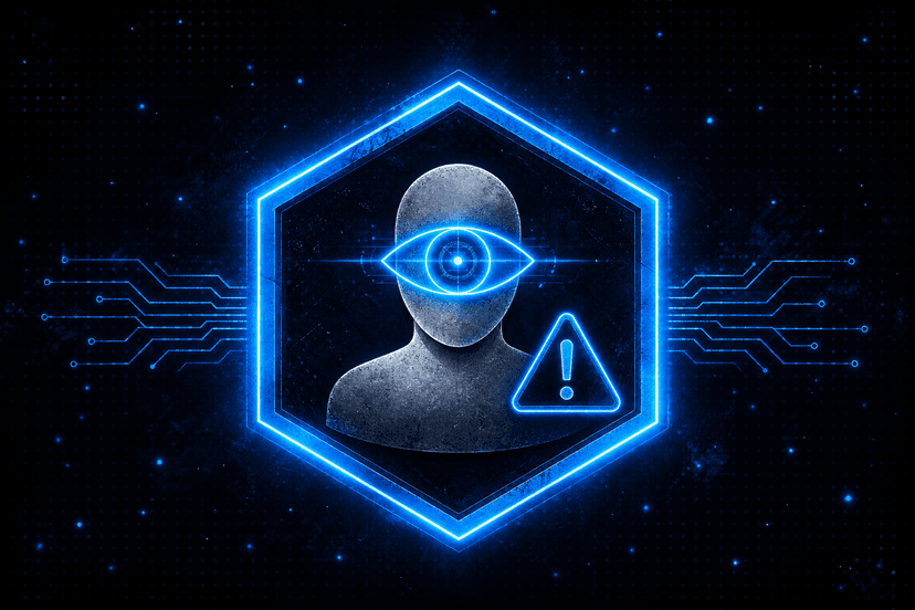 Insider threats detection user silhouette with eye-scanner and warning indicator in a glowing hexagon