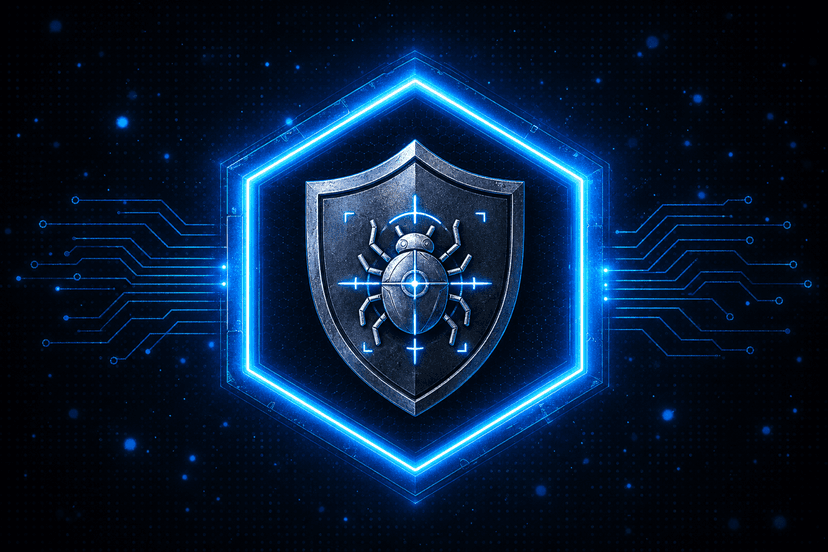Malware detection, shield and bug inside a glowing hexagon