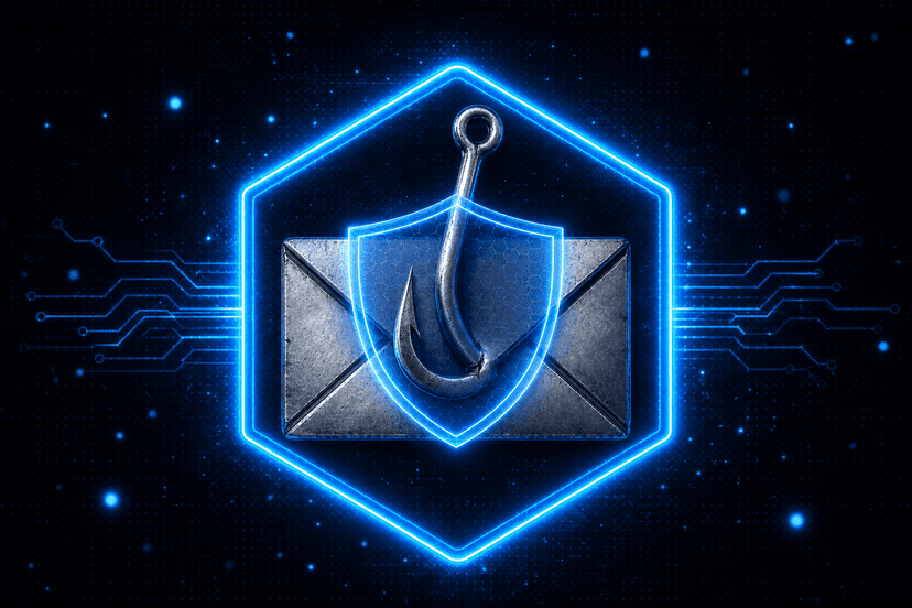 Phishing prevention shielded email envelope blocking a fishhook in a glowing hexagon