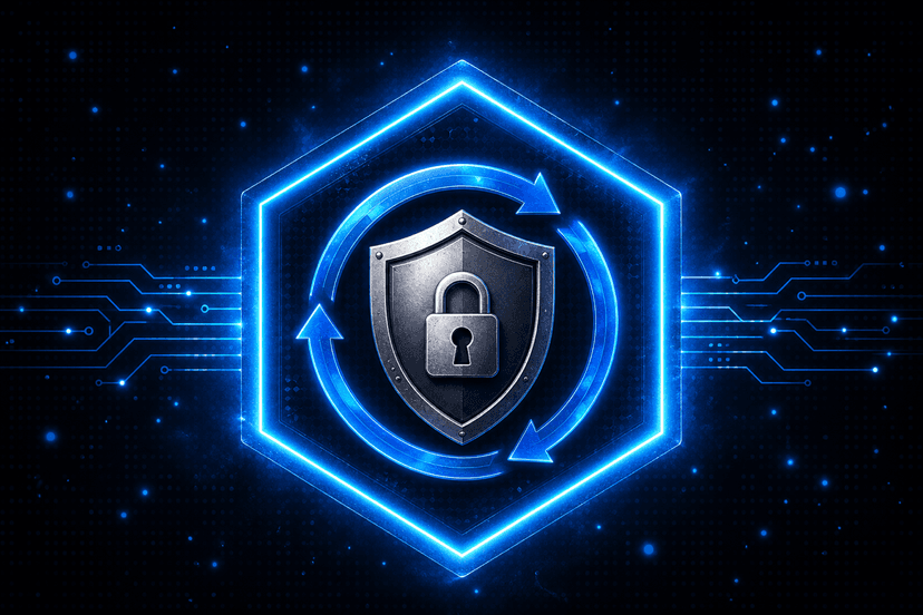 Ransomware response shield with padlock and recovery arrows in a glowing hexagon